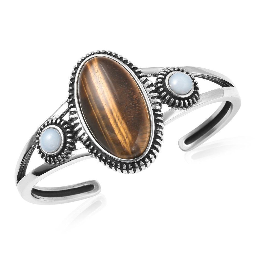 Tigers Eye and Opalite Cuff Bracelet in Stainless Steel (7.25 In) 22.00…